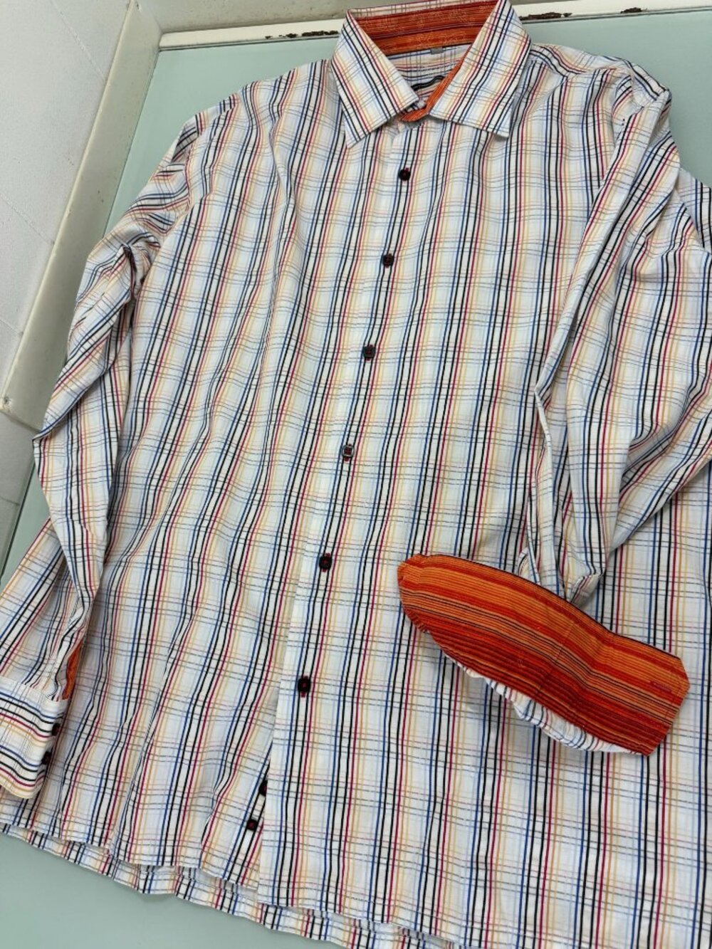 Visconti Uomo Shirt Mens XL Flip Cuff 2 Ply Mercerized Cotton Plaid Button Up